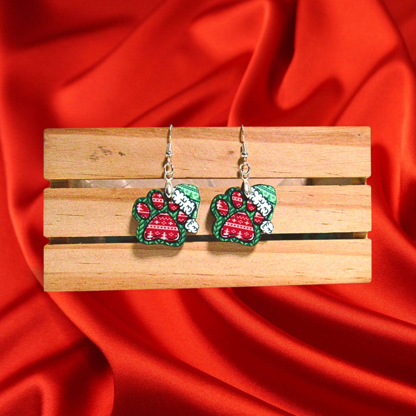 Santa Hat Paw Print Shaped Sublimated Earrings 1 inch