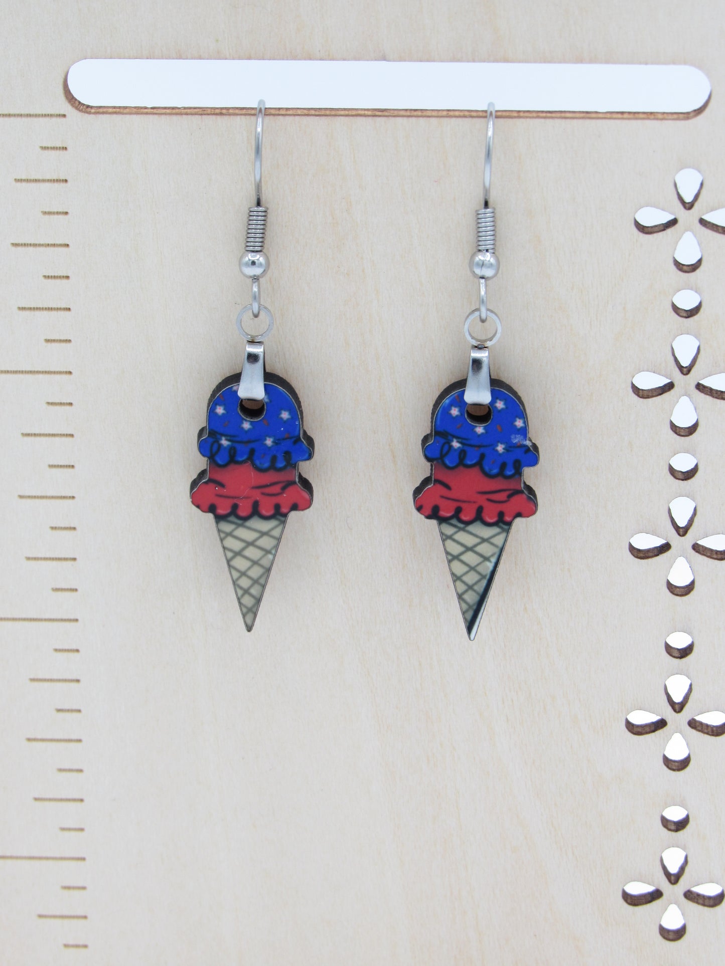 Ice Cream Cone Earrings, Sublimated MDF, Hypoallergenic Stainless Steel Wires
