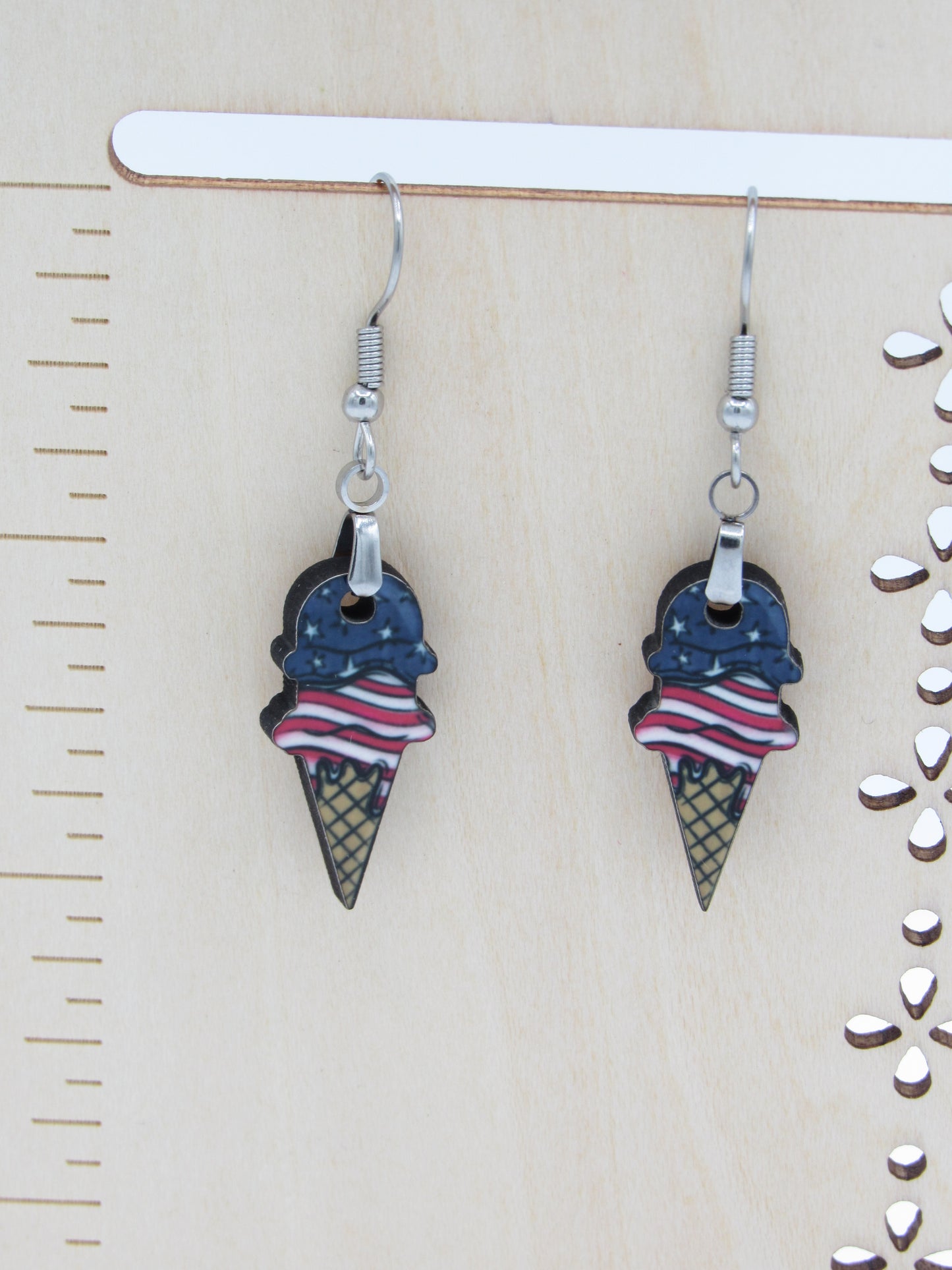 Ice Cream Cone Earrings, Sublimated MDF, Hypoallergenic Stainless Steel Wires