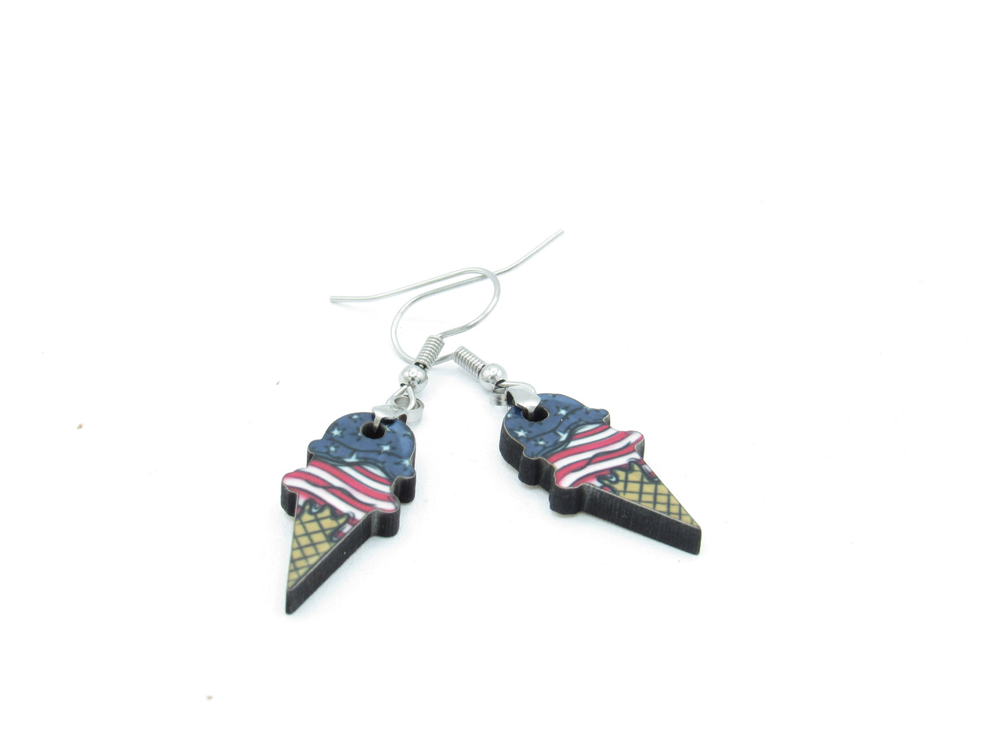 Ice Cream Cone Earrings, Sublimated MDF, Hypoallergenic Stainless Steel Wires