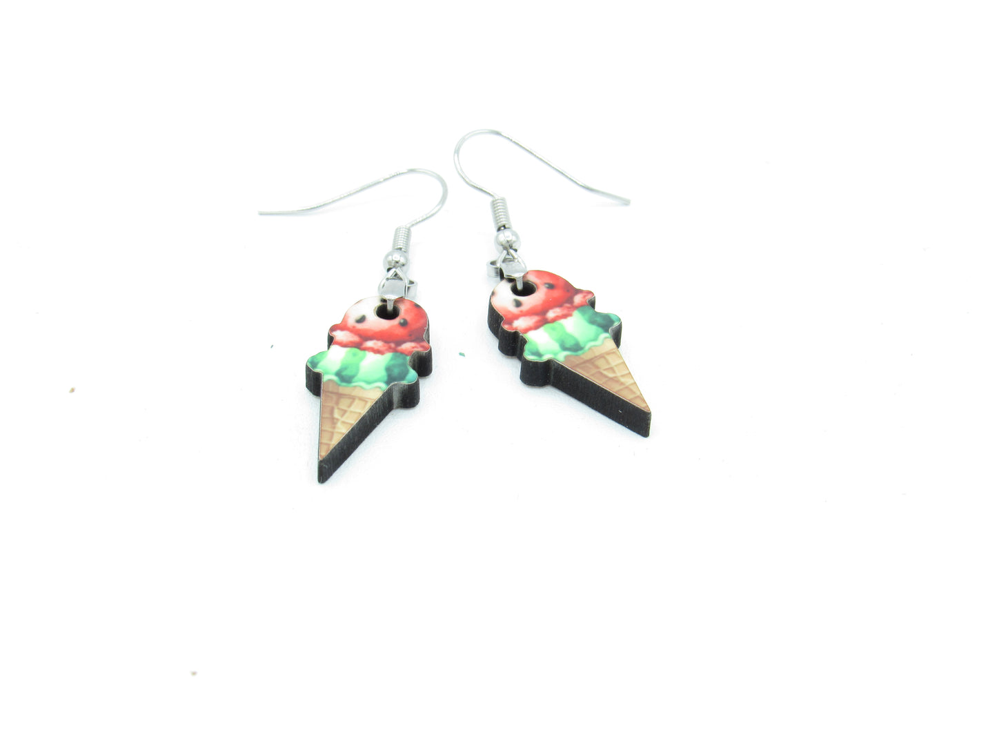 Ice Cream Cone Earrings, Sublimated MDF, Hypoallergenic Stainless Steel Wires