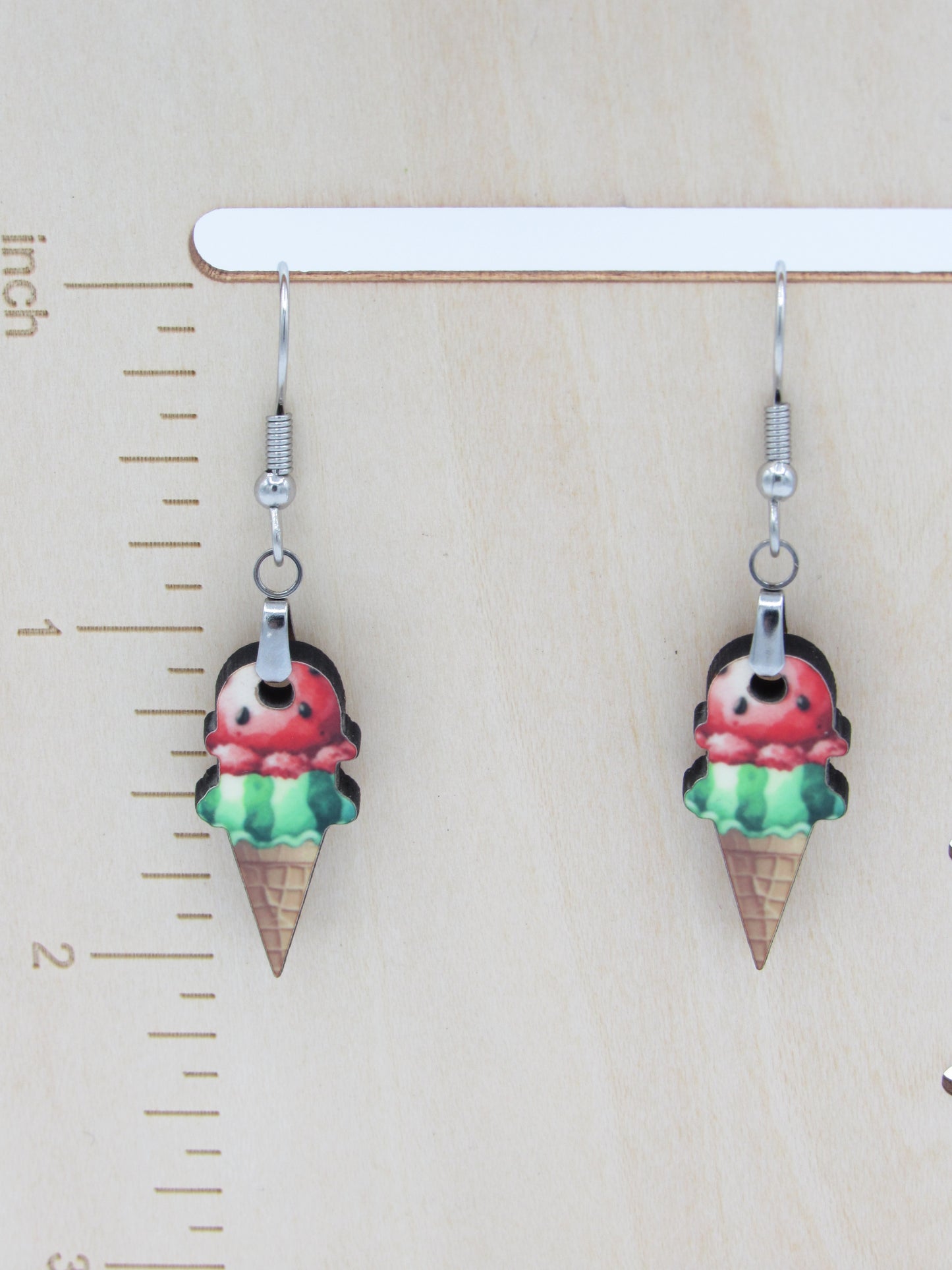 Ice Cream Cone Earrings, Sublimated MDF, Hypoallergenic Stainless Steel Wires