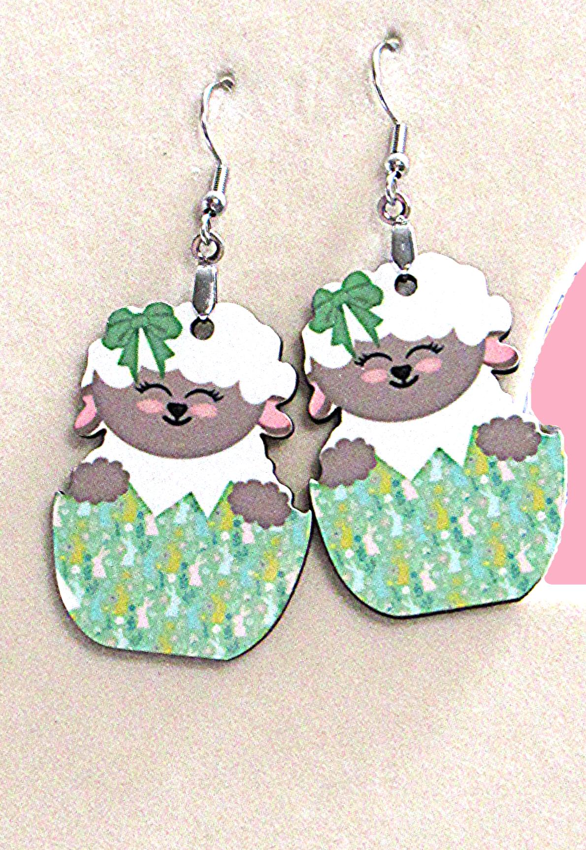 Sheep in an Egg Shaped Sublimated Earrings