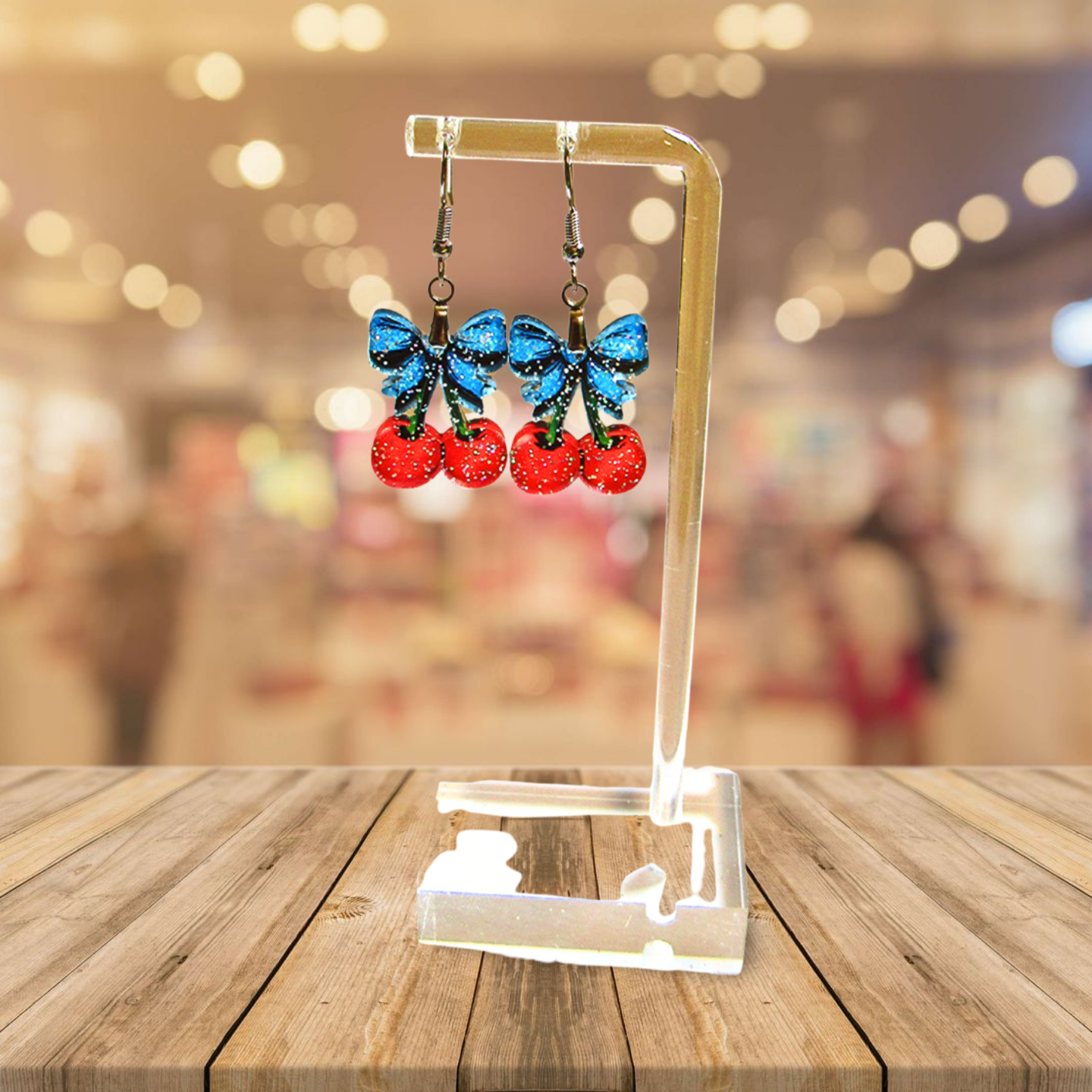 Glitter Acrylic Cherries with Bow Shaped Sublimated Earrings 1 inch
