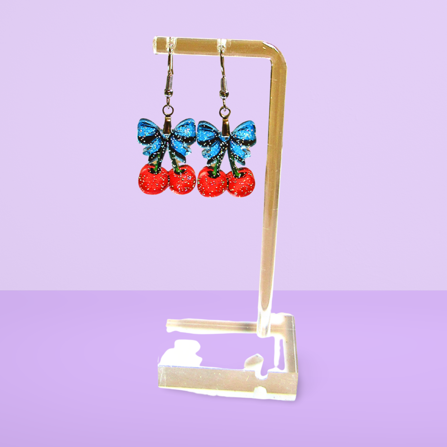 Glitter Acrylic Cherries with Bow Shaped Sublimated Earrings 1 inch