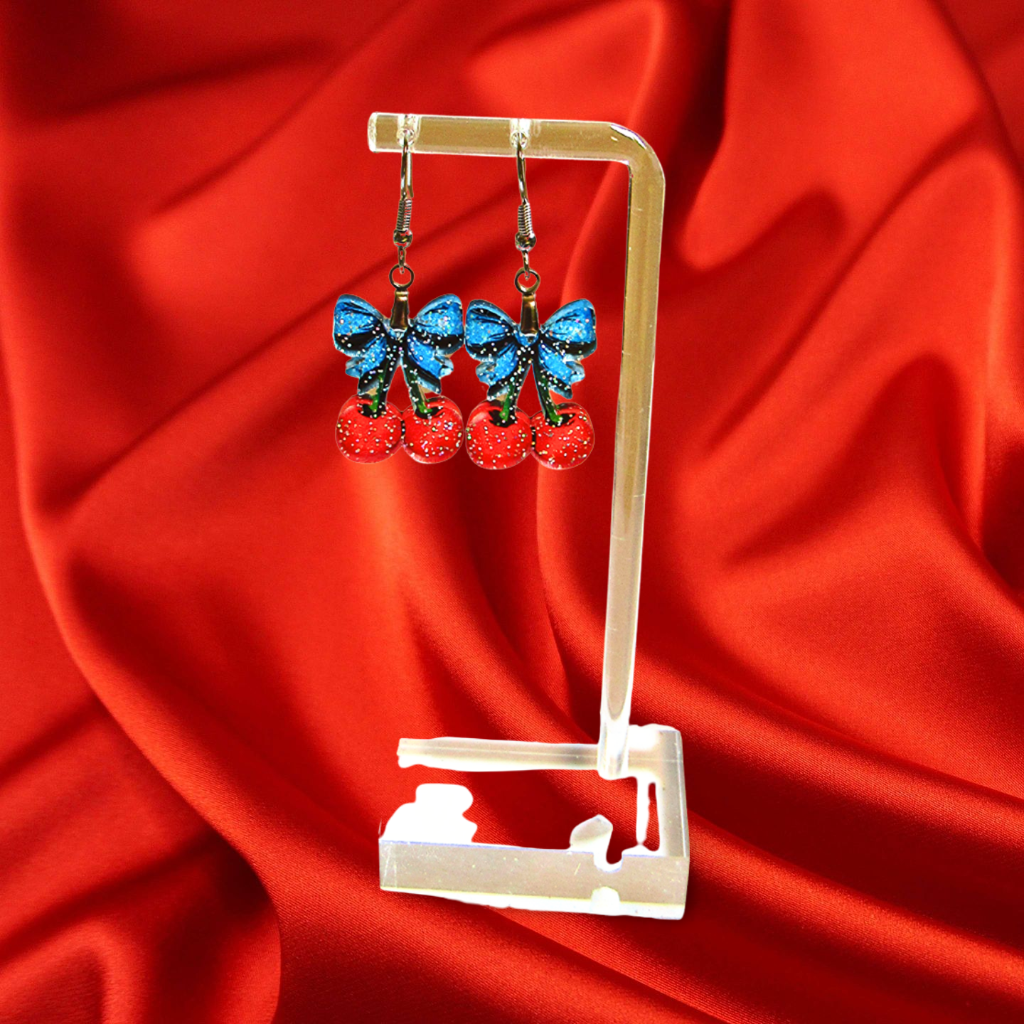 Glitter Acrylic Cherries with Bow Shaped Sublimated Earrings 1 inch