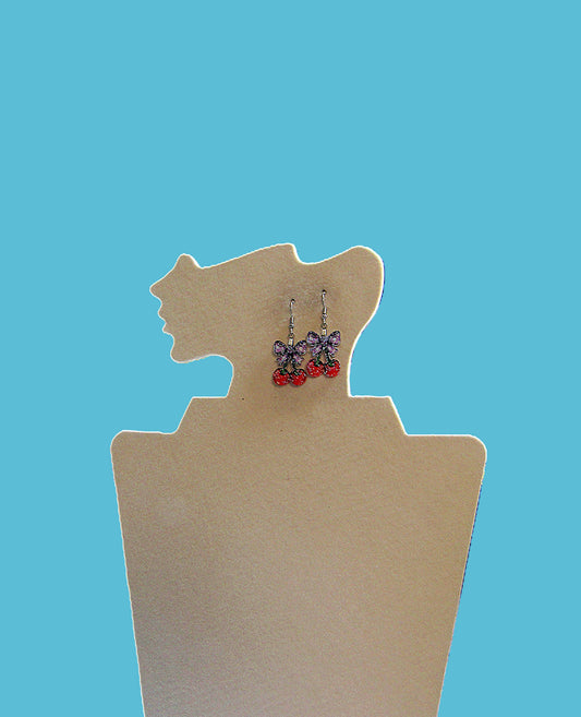 Glitter Acrylic Cherries with Bow Shaped Sublimated Earrings 1 inch