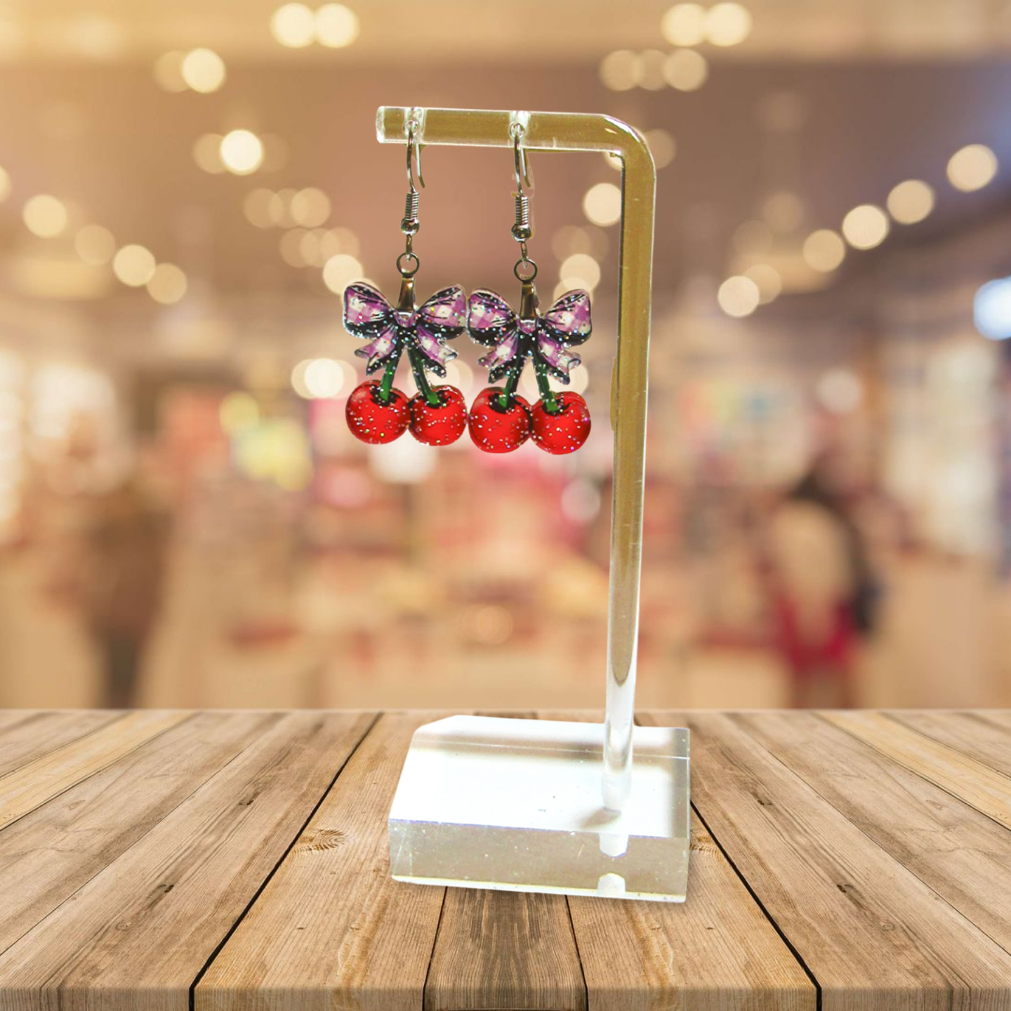 Glitter Acrylic Cherries with Bow Shaped Sublimated Earrings 1 inch
