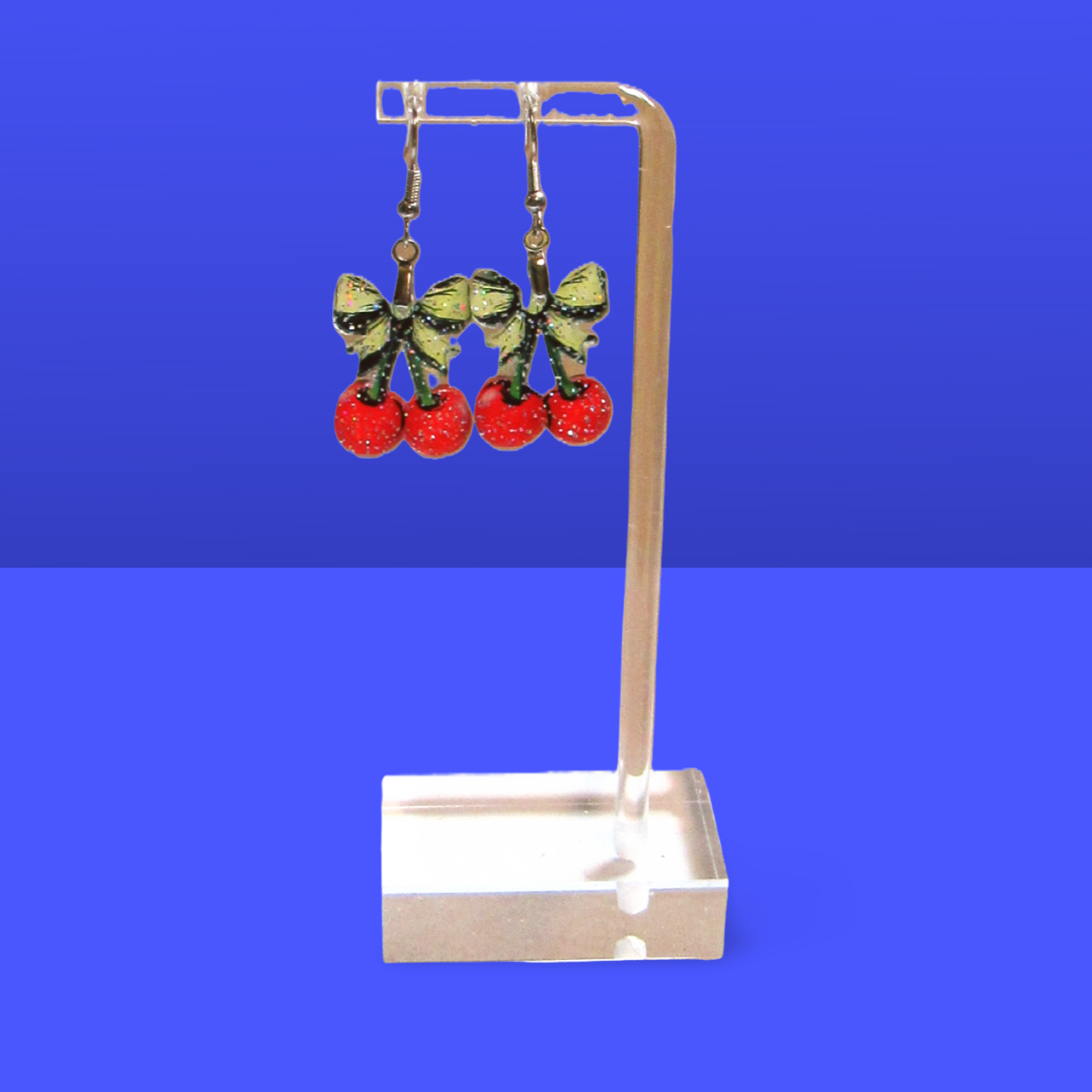 Glitter Acrylic Cherries with Bow Shaped Sublimated Earrings 1 inch