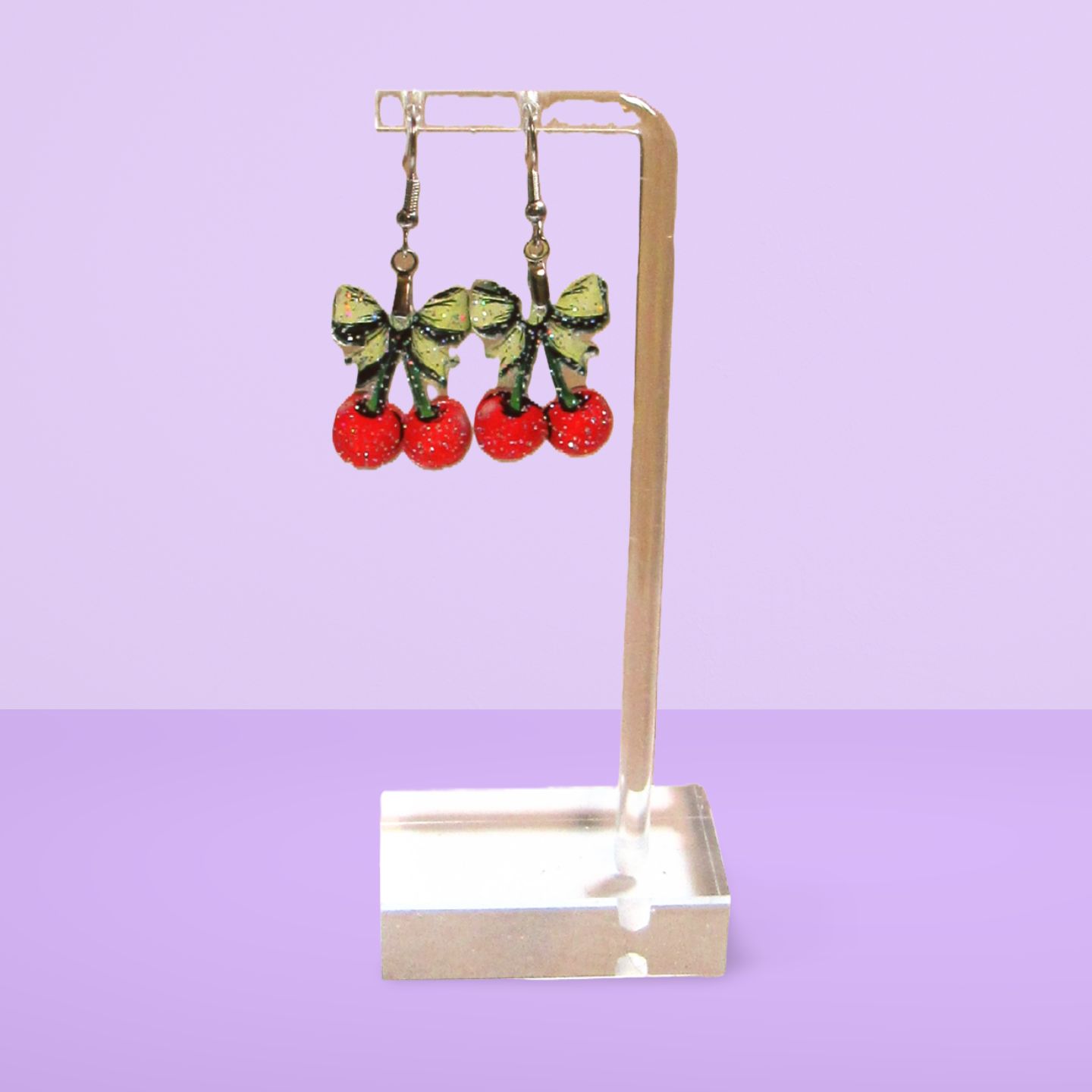 Glitter Acrylic Cherries with Bow Shaped Sublimated Earrings 1 inch