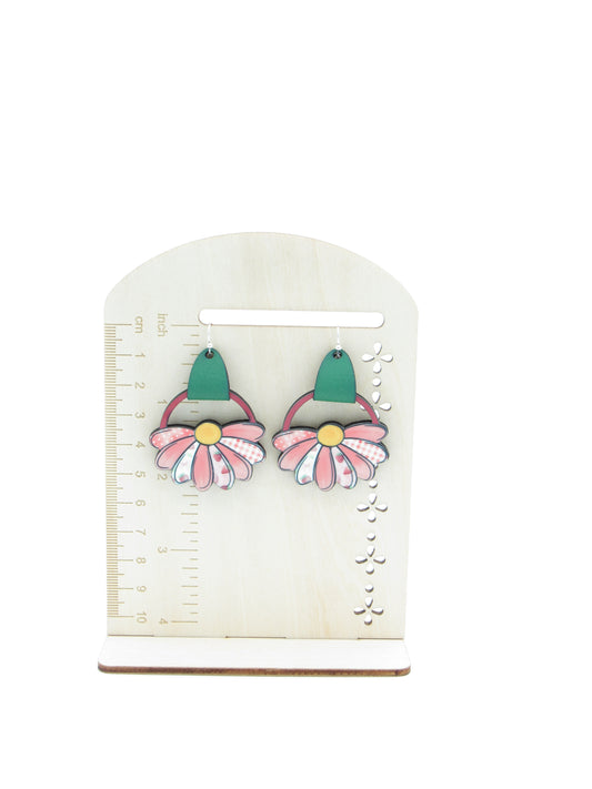 Flower Earrings, Sublimated Faux Leather Dangles,