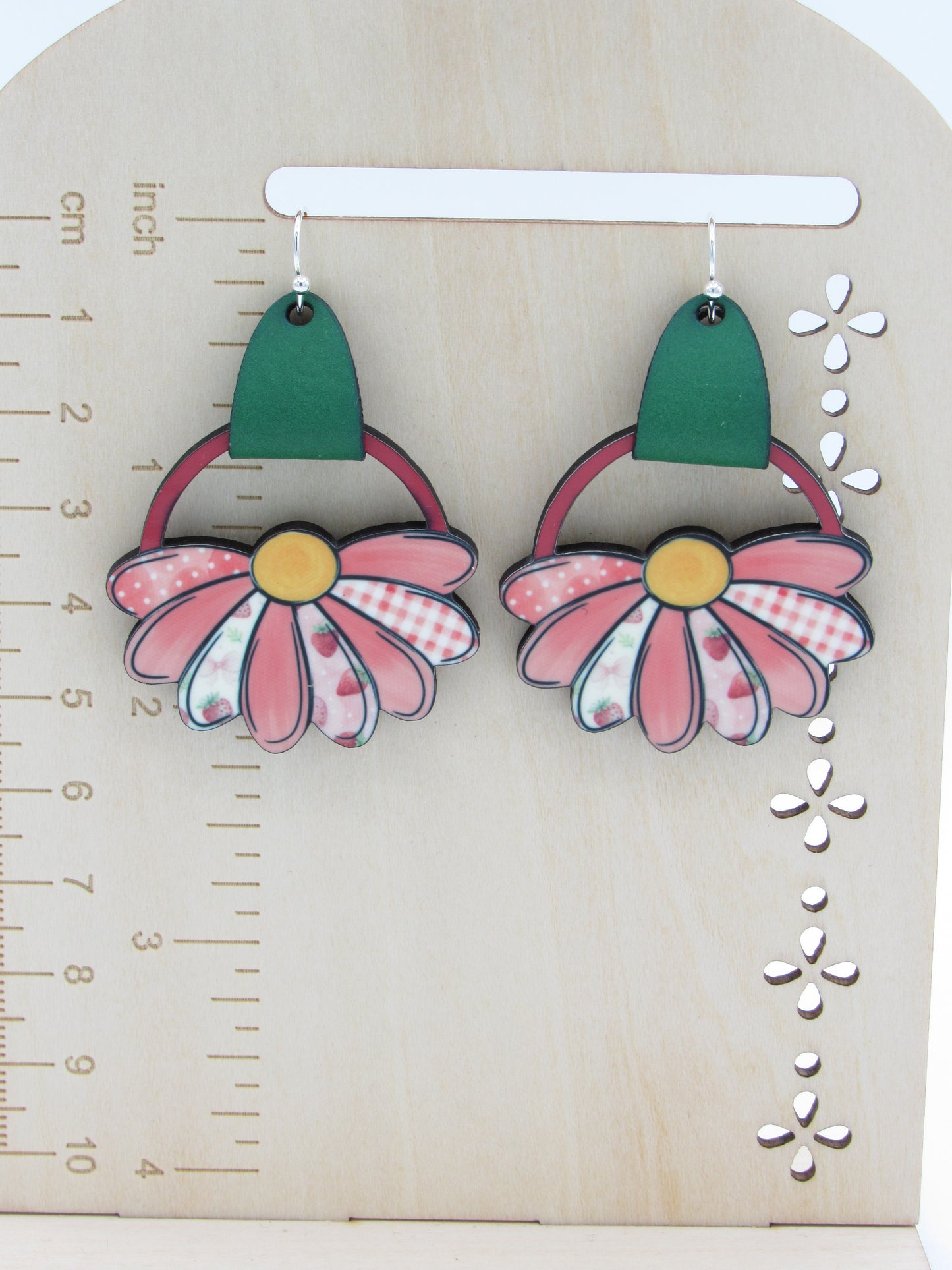 Flower Earrings, Sublimated Faux Leather Dangles,