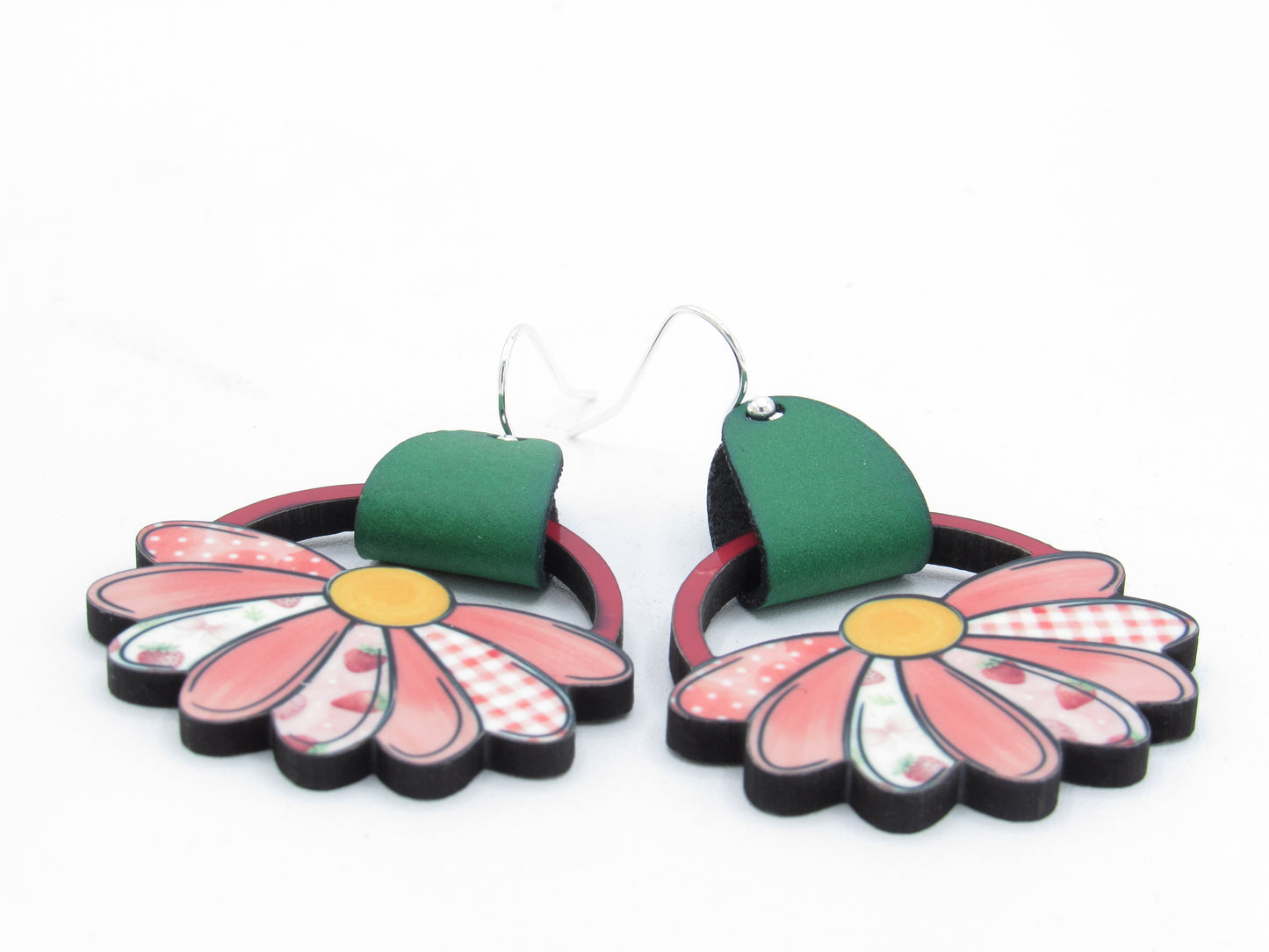 Flower Earrings, Sublimated Faux Leather Dangles,