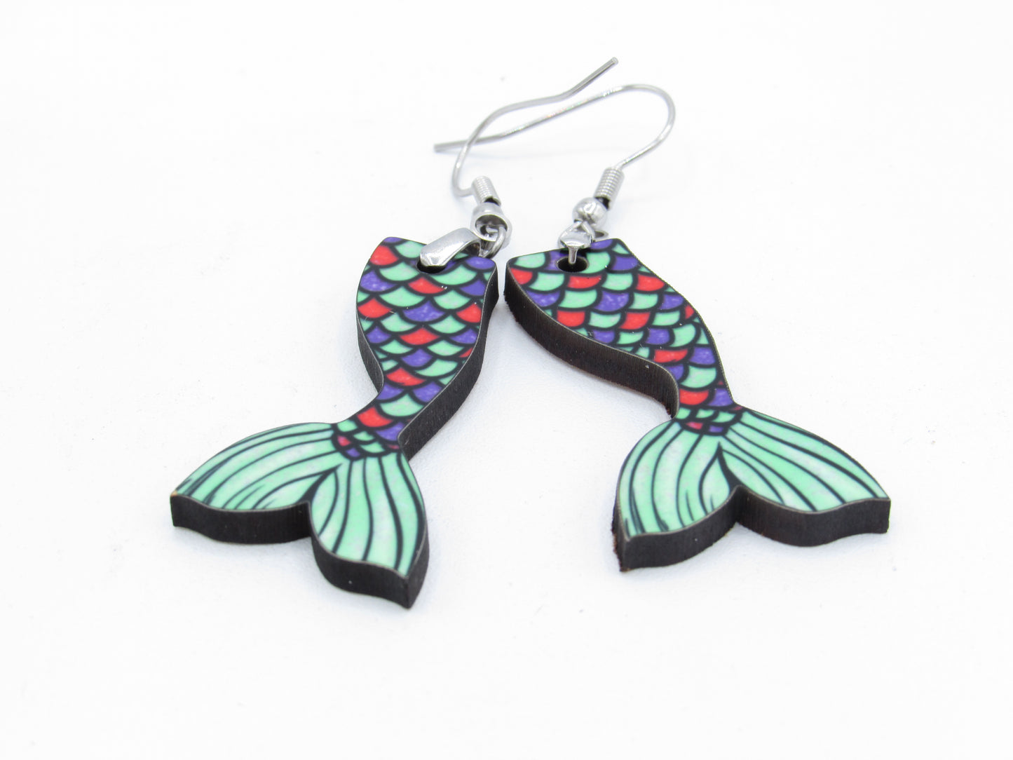 Mermaid Tail Earrings, Sublimated MDF Dangles, Stainless Steel Hooks, Summer Beach Jewelry