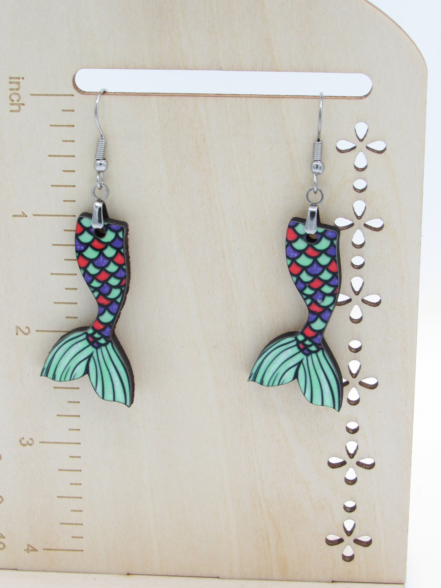 Mermaid Tail Earrings, Sublimated MDF Dangles, Stainless Steel Hooks, Summer Beach Jewelry