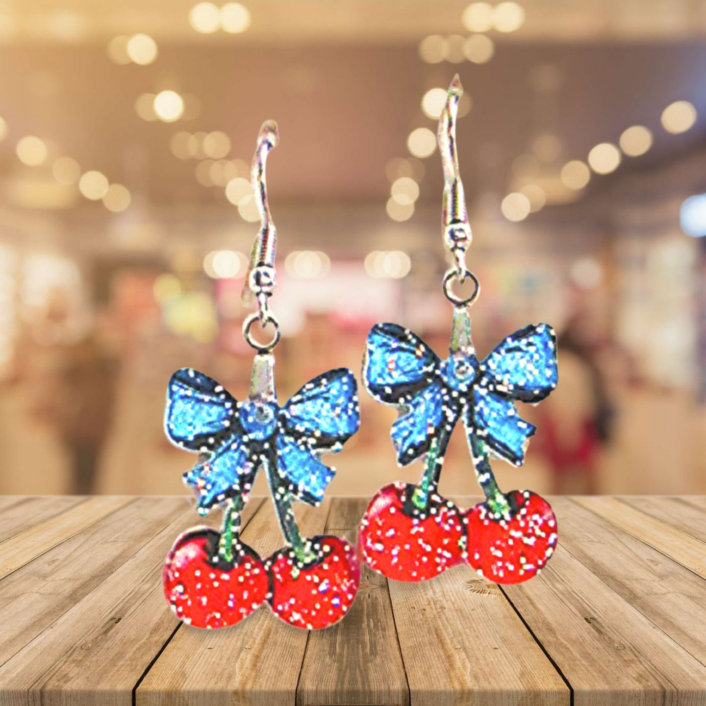 Glitter Acrylic Cherries with Bow Shaped Sublimated Earrings 1 inch