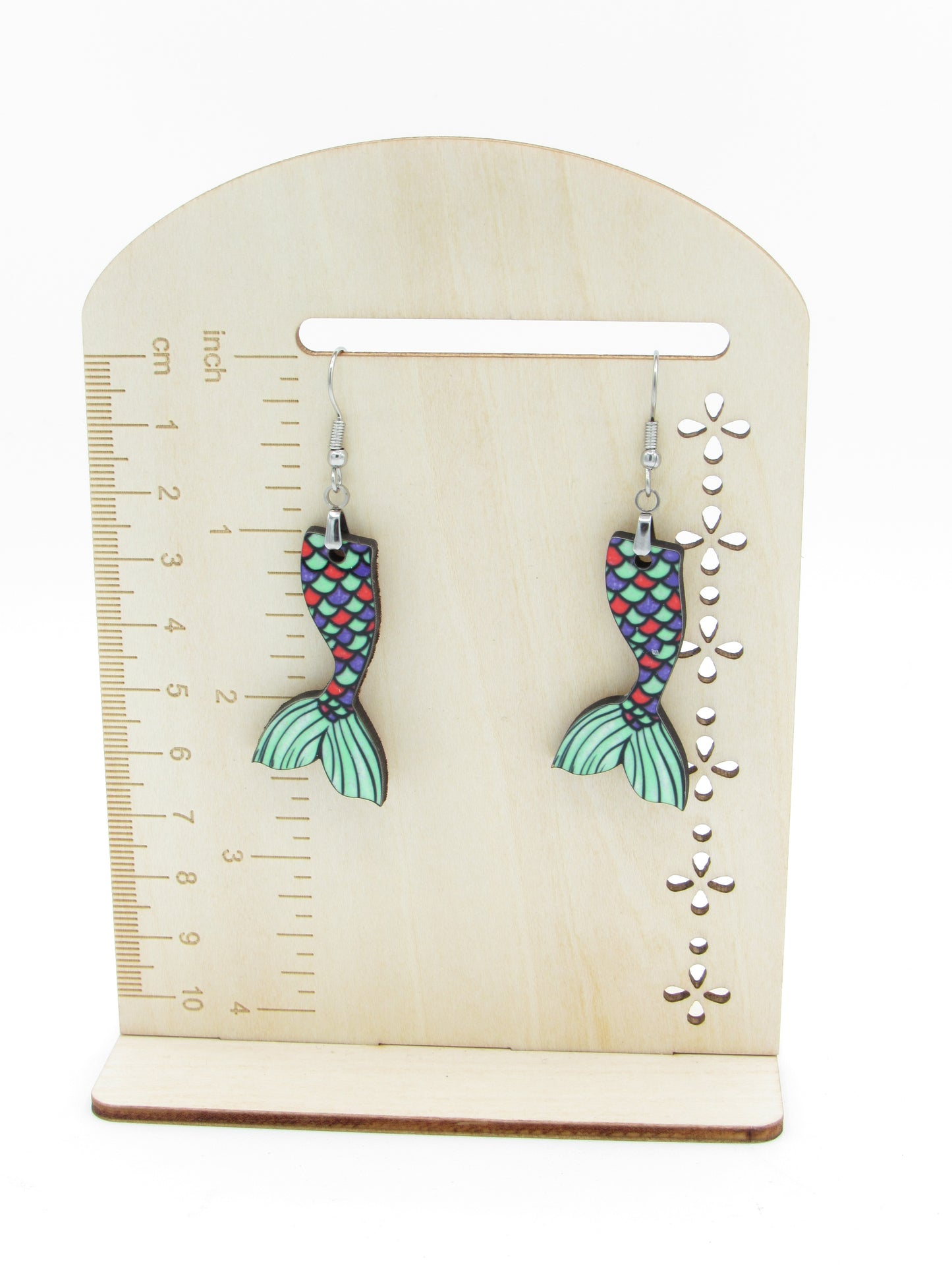 Mermaid Tail Earrings, Sublimated MDF Dangles, Stainless Steel Hooks, Summer Beach Jewelry