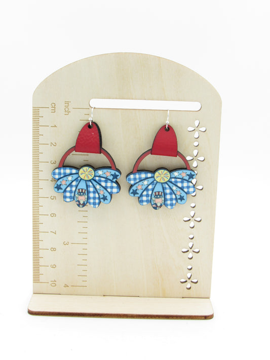 Patriotic Flower Earrings, Sublimated Faux Leather Dangles, USA Pride