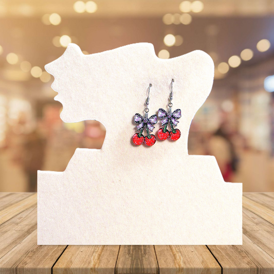 Glitter Acrylic Cherries with Bow Shaped Sublimated Earrings 1 inch