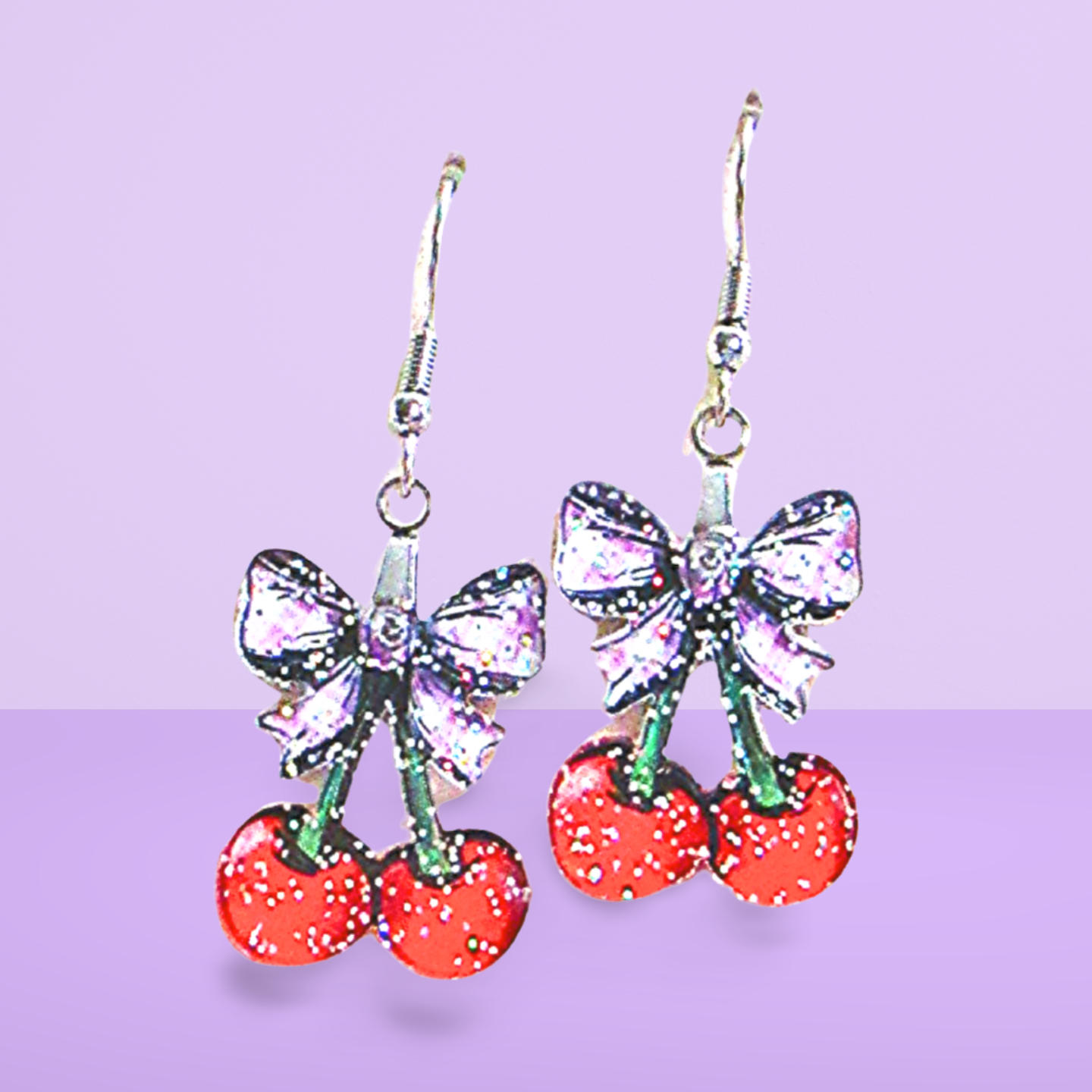Glitter Acrylic Cherries with Bow Shaped Sublimated Earrings 1 inch
