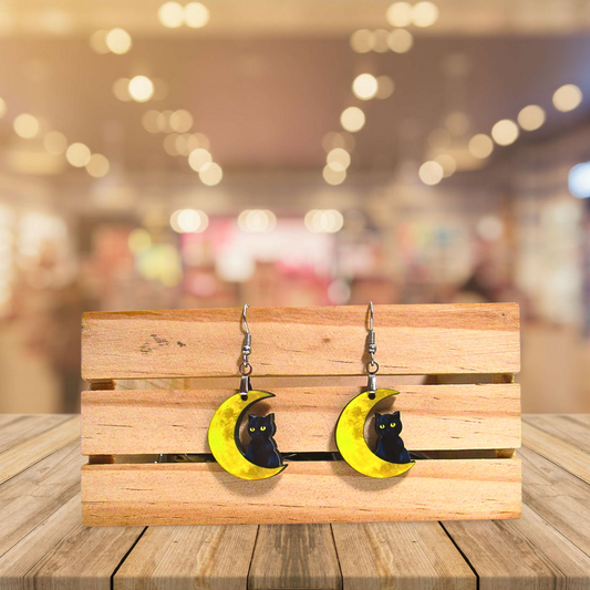 Cat on Moon Shaped Sublimated Earrings