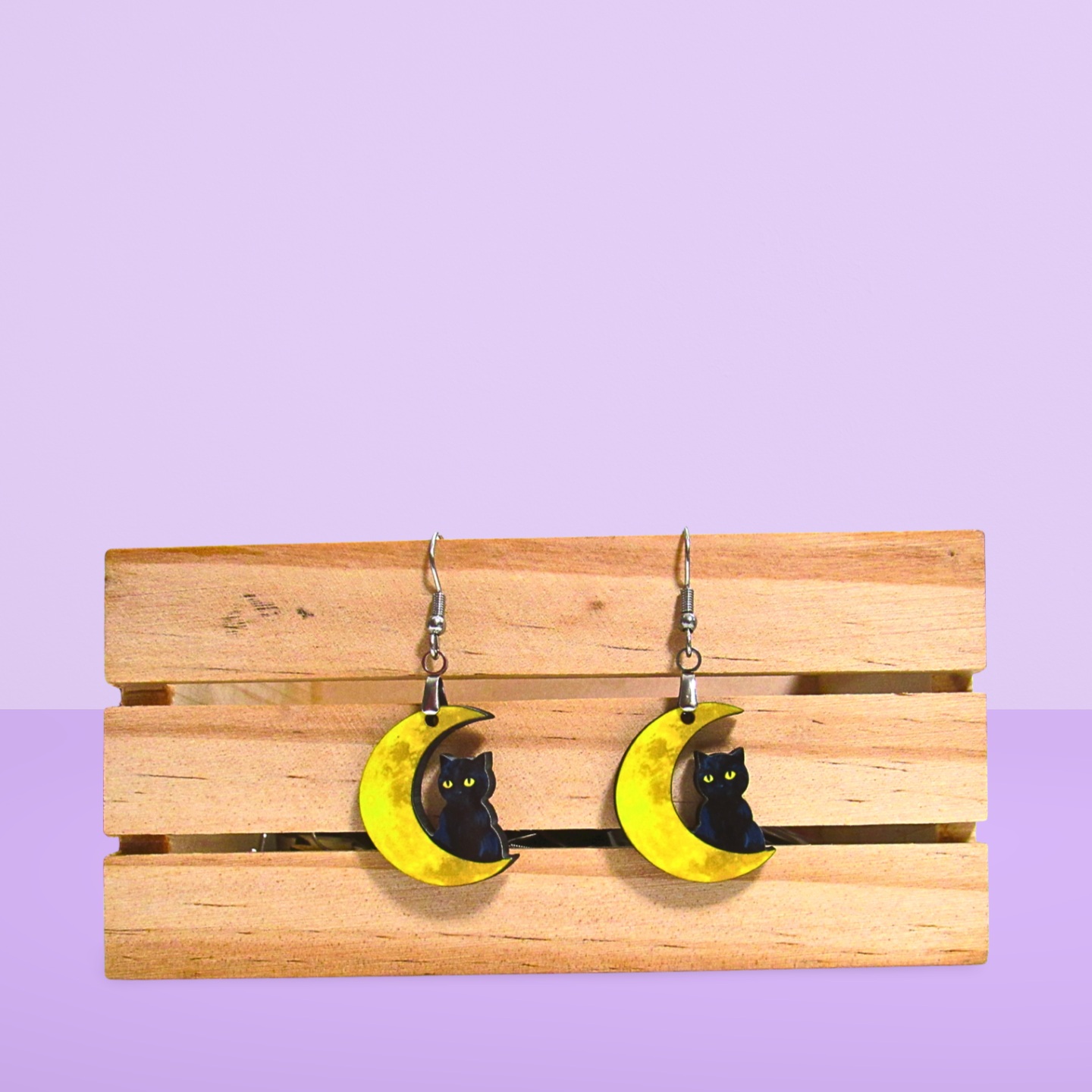 Cat on Moon Shaped Sublimated Earrings