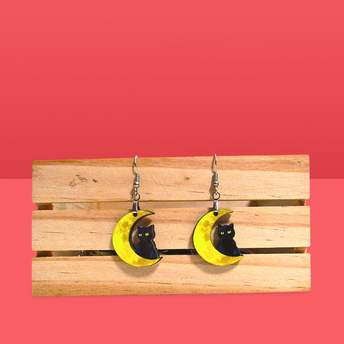 Cat on Moon Shaped Sublimated Earrings