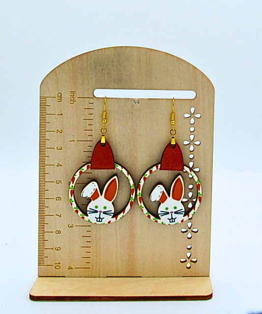 MDF-Faux Leather Bunny Round Shaped Sublimated Earrings