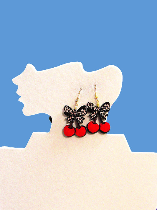 Cherries with Bow Shaped Sublimated Earrings 1.5 inch