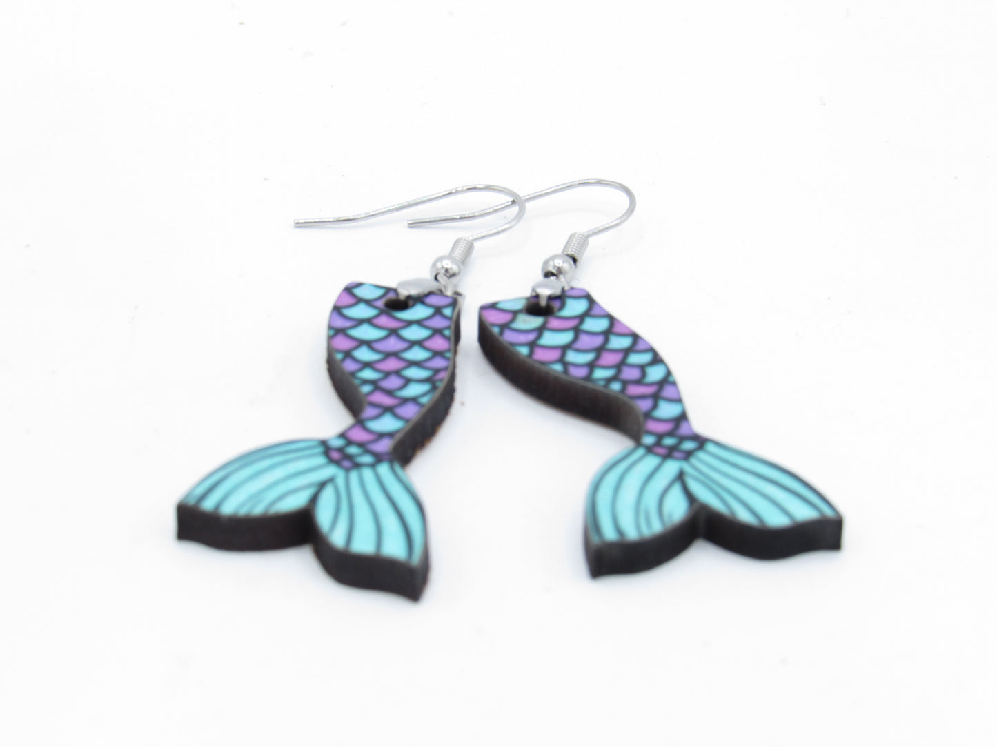 Mermaid Tail Earrings, Sublimated MDF Dangles, Stainless Steel Hooks, Summer Beach Jewelry