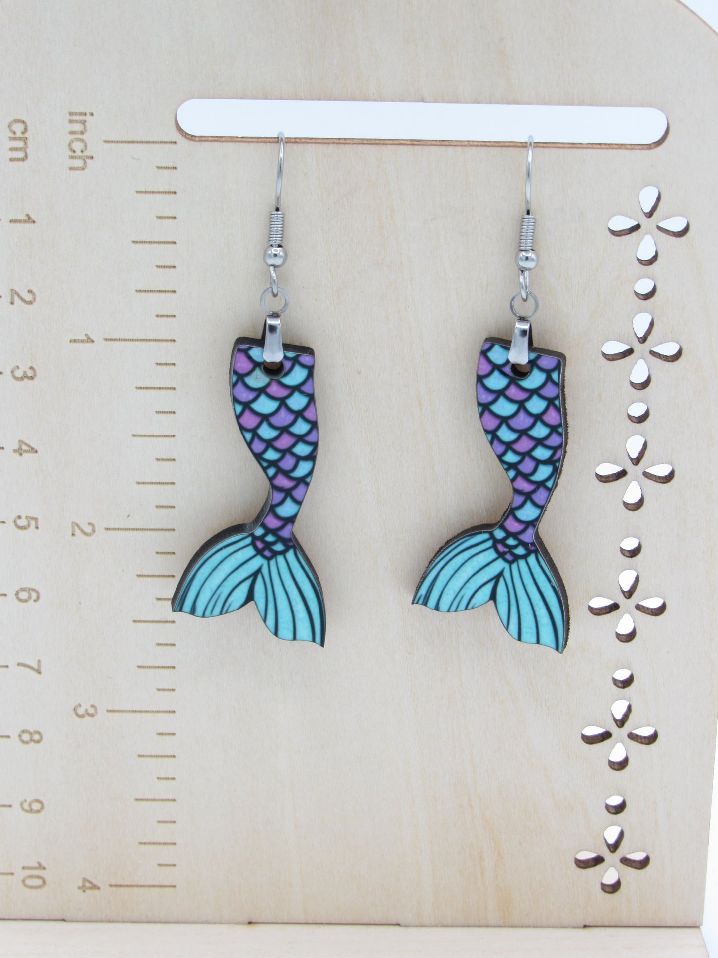 Mermaid Tail Earrings, Sublimated MDF Dangles, Stainless Steel Hooks, Summer Beach Jewelry