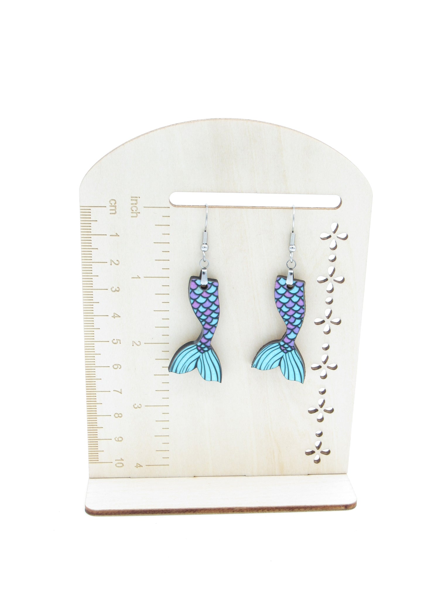 Mermaid Tail Earrings, Sublimated MDF Dangles, Stainless Steel Hooks, Summer Beach Jewelry
