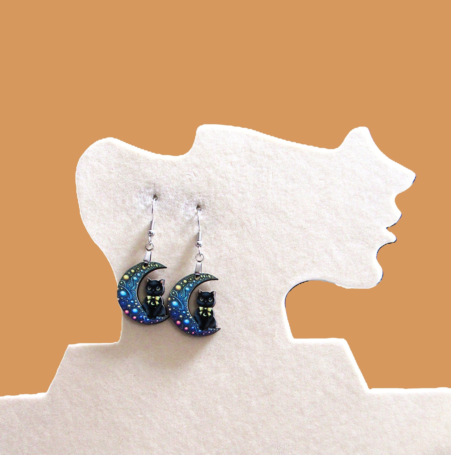 Cat on Moon Shaped Sublimated Earrings 1 inch