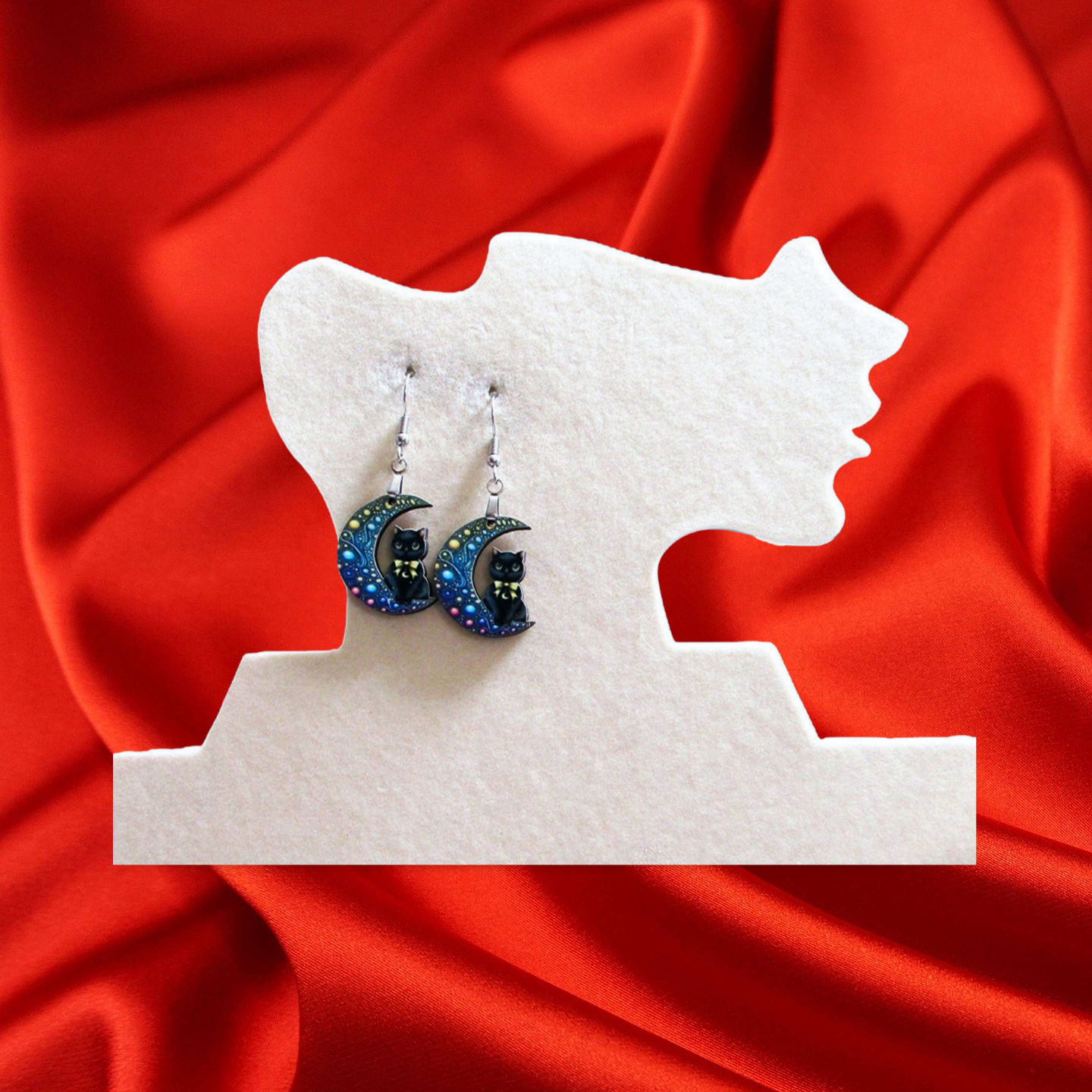 Cat on Moon Shaped Sublimated Earrings 1 inch