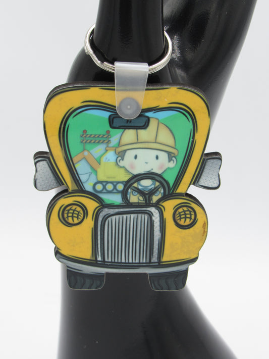 Construction Truck Keychain, 2.5x1.15 MDF Sublimation Key Ring, Builder Contractor Gift, Heavy Equipment Trucker Charm