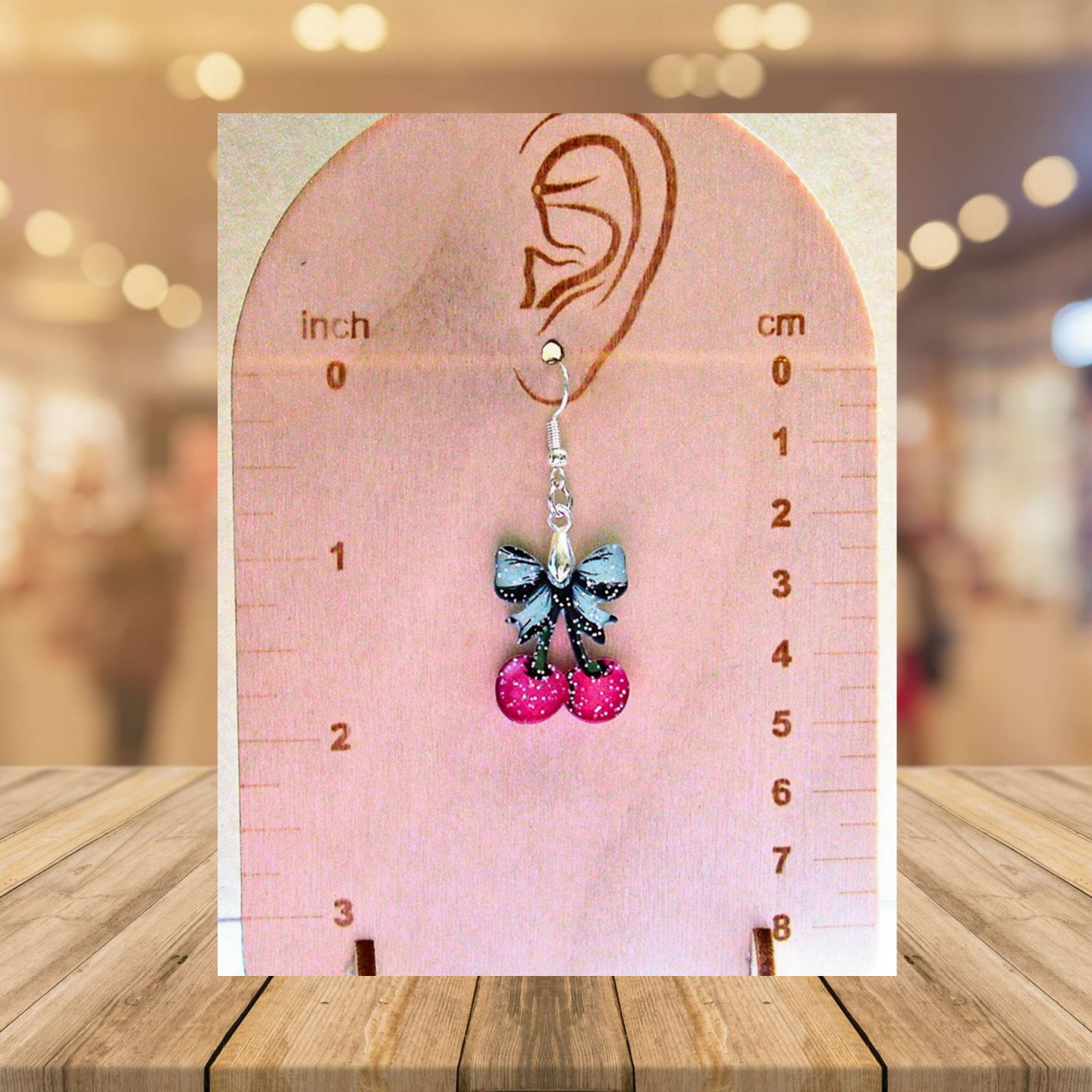 Glitter Acrylic Cherries with Bow Shaped Sublimated Earrings 1 inch