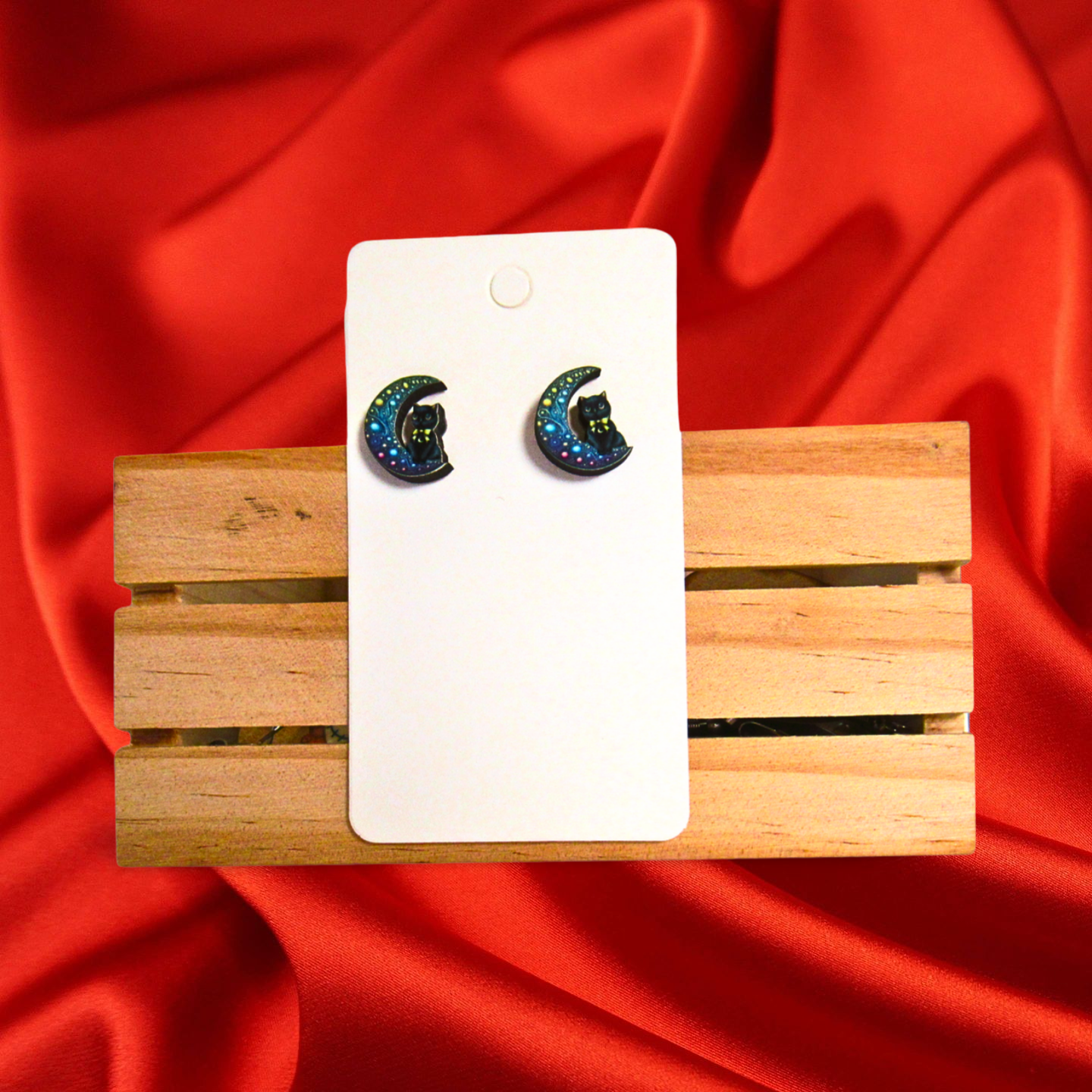 Cat On Moon Shaped Sublimated Stud Earrings