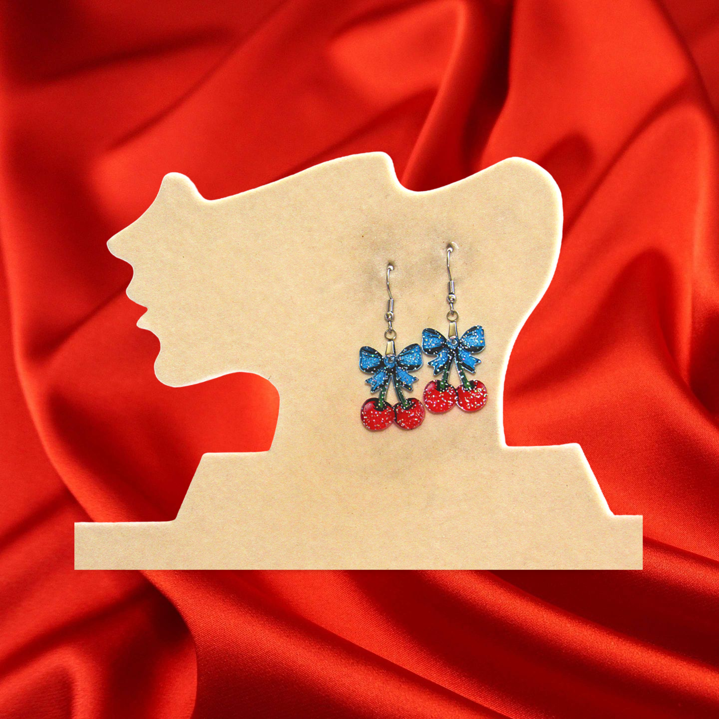 Glitter Acrylic Cherries with Bow Shaped Sublimated Earrings 1 inch