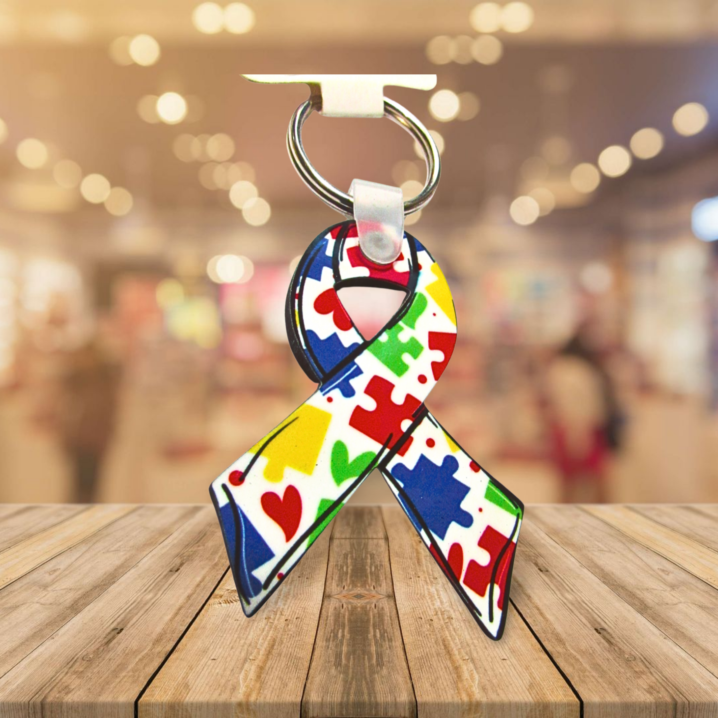 Ribbon Shaped Autism Awareness Sublimated Keychain