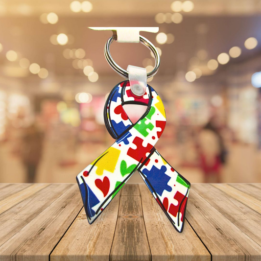Ribbon Shaped Autism Awareness Sublimated Keychain
