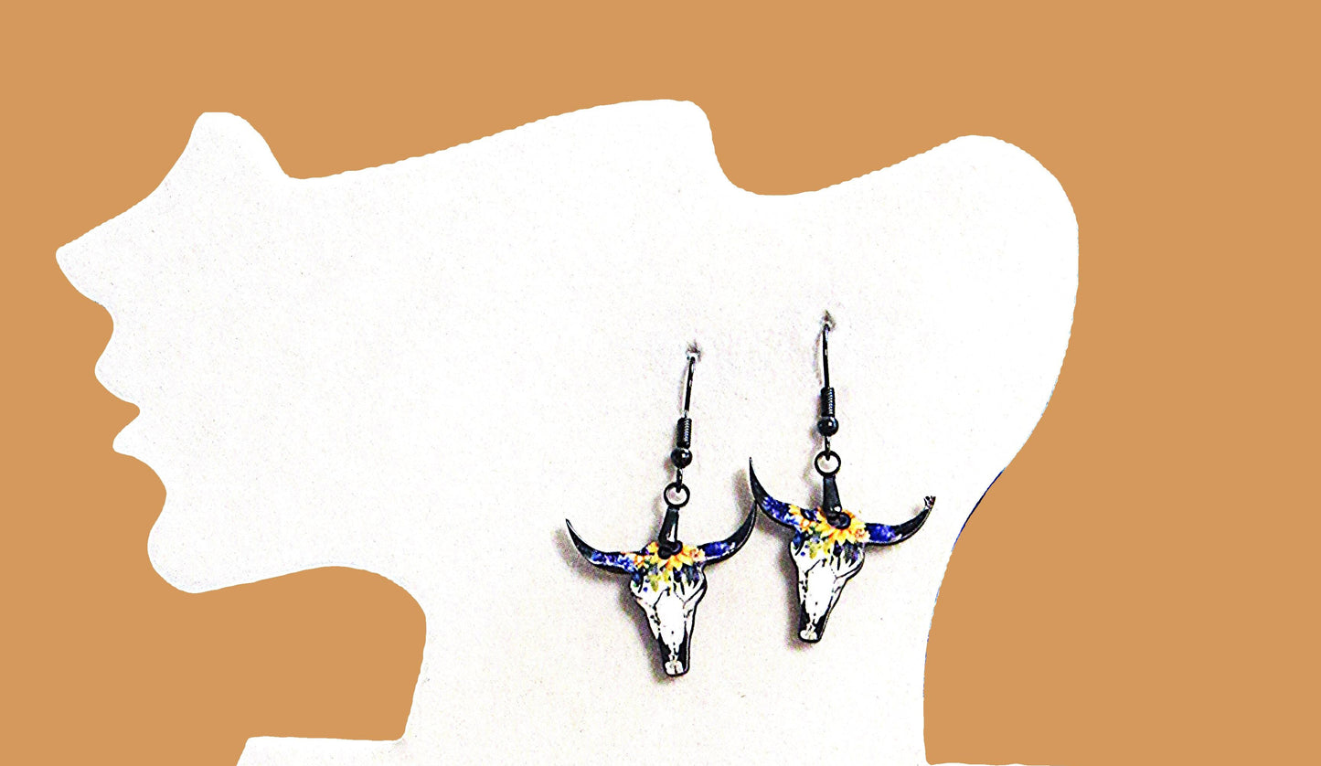 Steer Skull Shaped Sublimated Earrings 1 inch