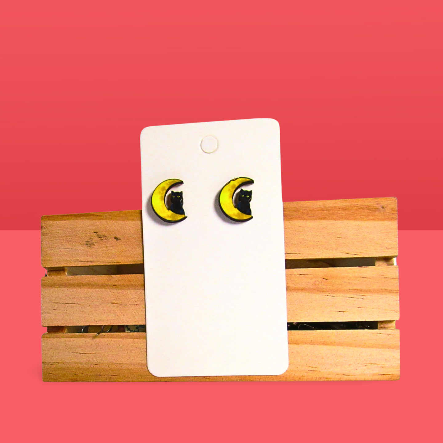 Cat On Moon Shaped Sublimated Stud Earrings