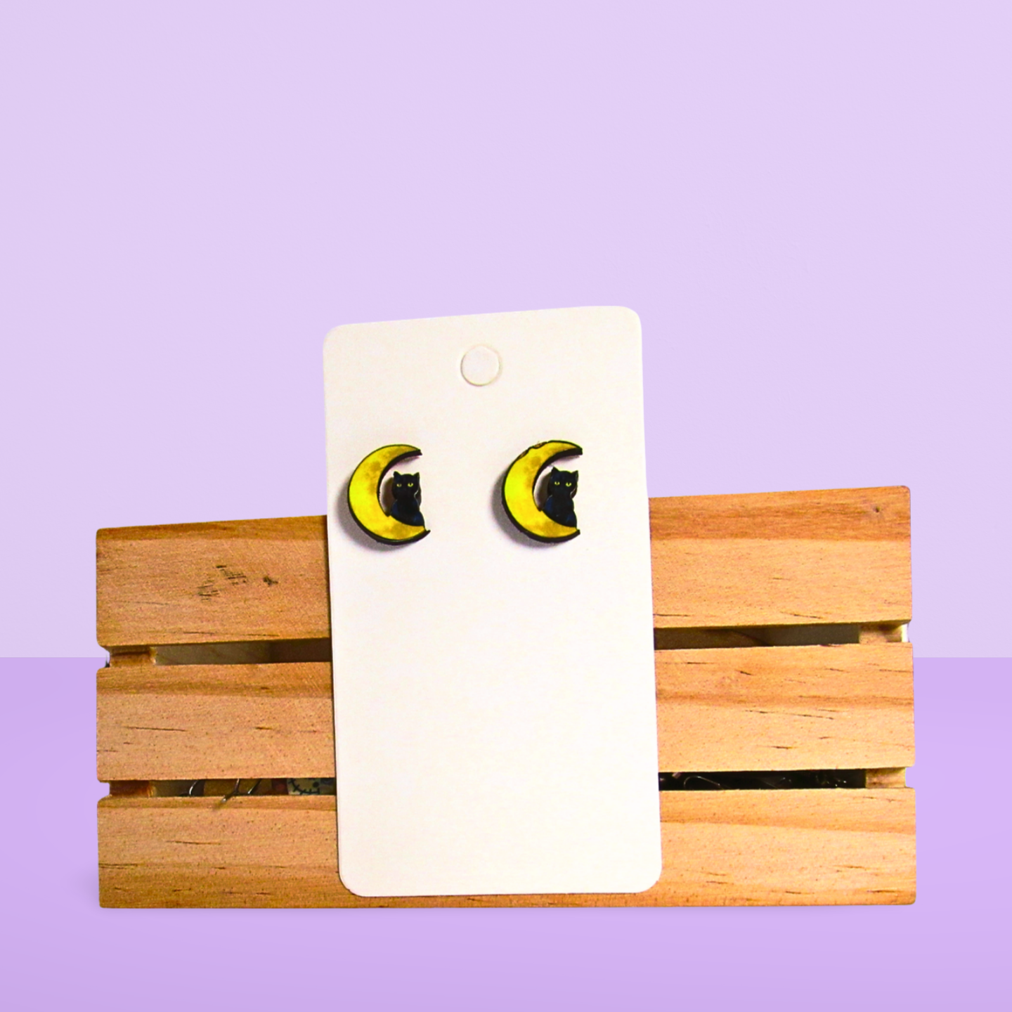 Cat On Moon Shaped Sublimated Stud Earrings