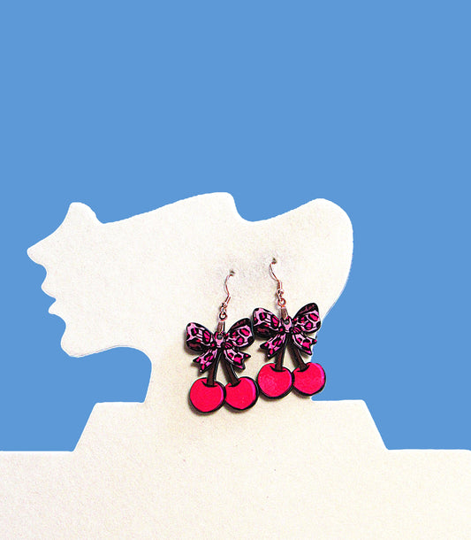 Cherries with Bow Shaped Sublimated Earrings 1.5 inch