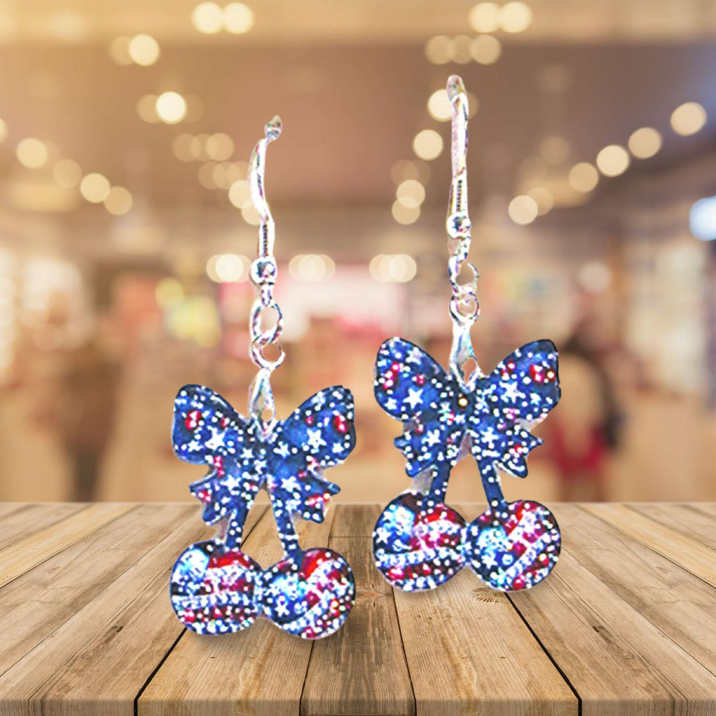 Glitter Acrylic Cherries with Bow Shaped Sublimated Earrings 1 inch