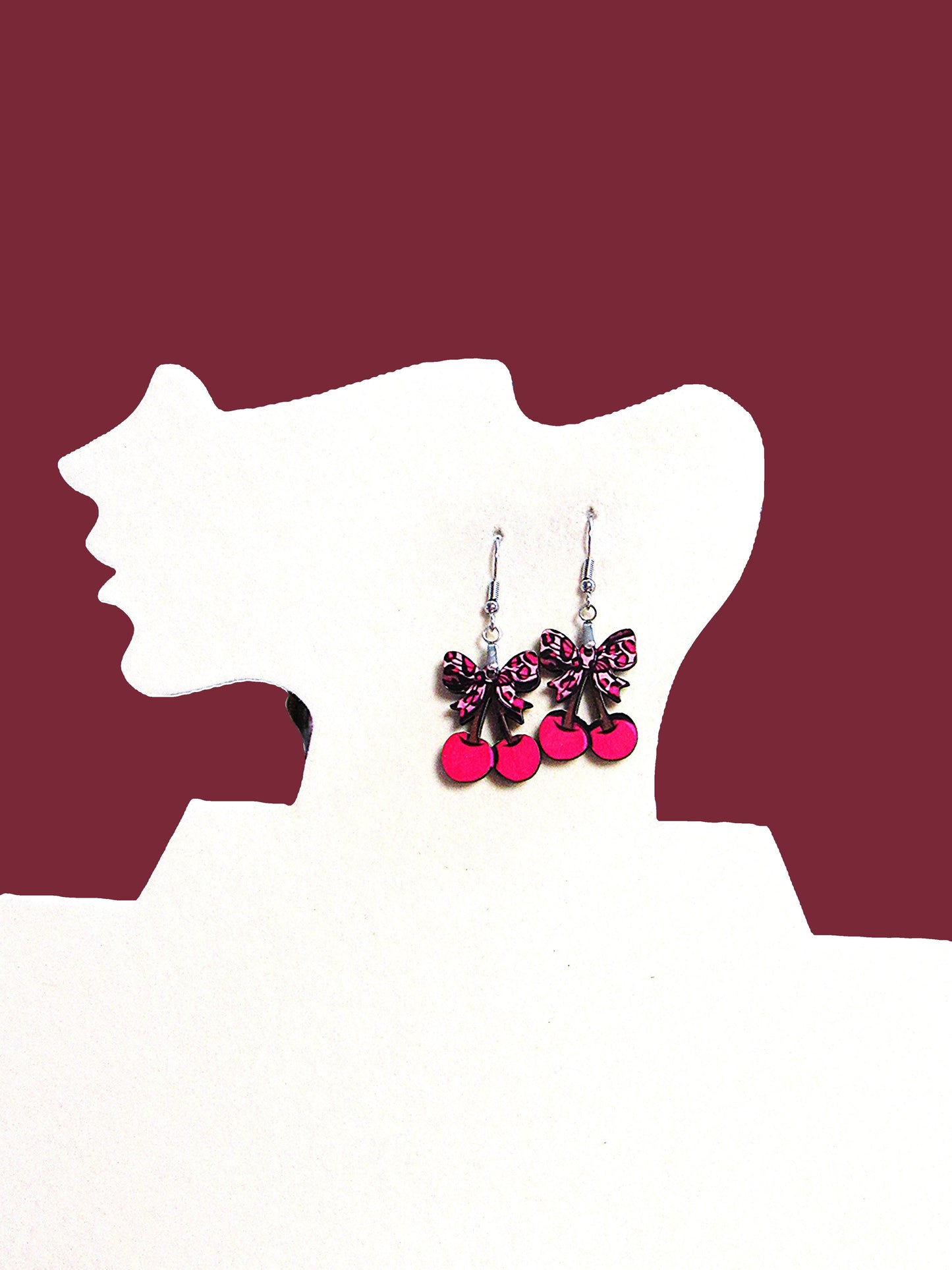 Cherries with Bow Shaped Sublimated Earrings 1 inch
