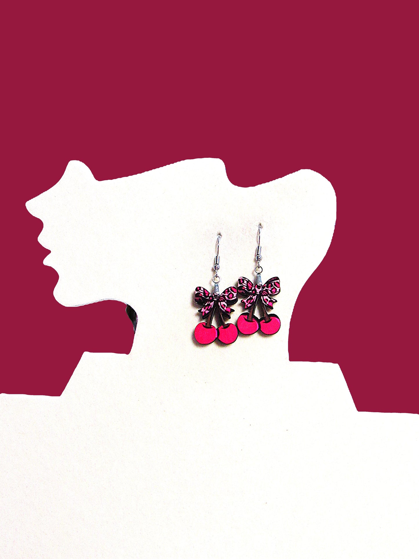 Cherries with Bow Shaped Sublimated Earrings 1 inch