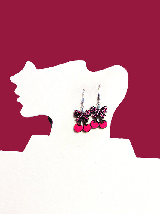 Cherries with Bow Shaped Sublimated Earrings 1 inch