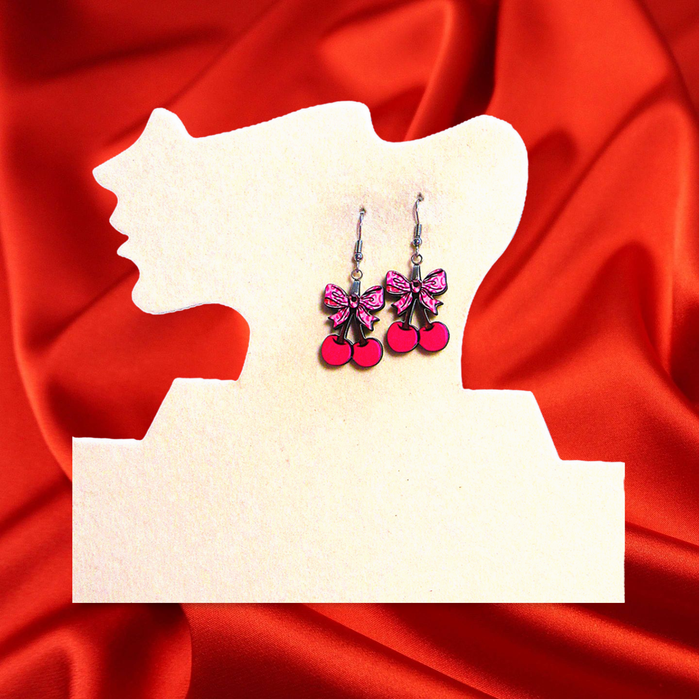 Cherries with Bow Shaped Sublimated Earrings 1 inch