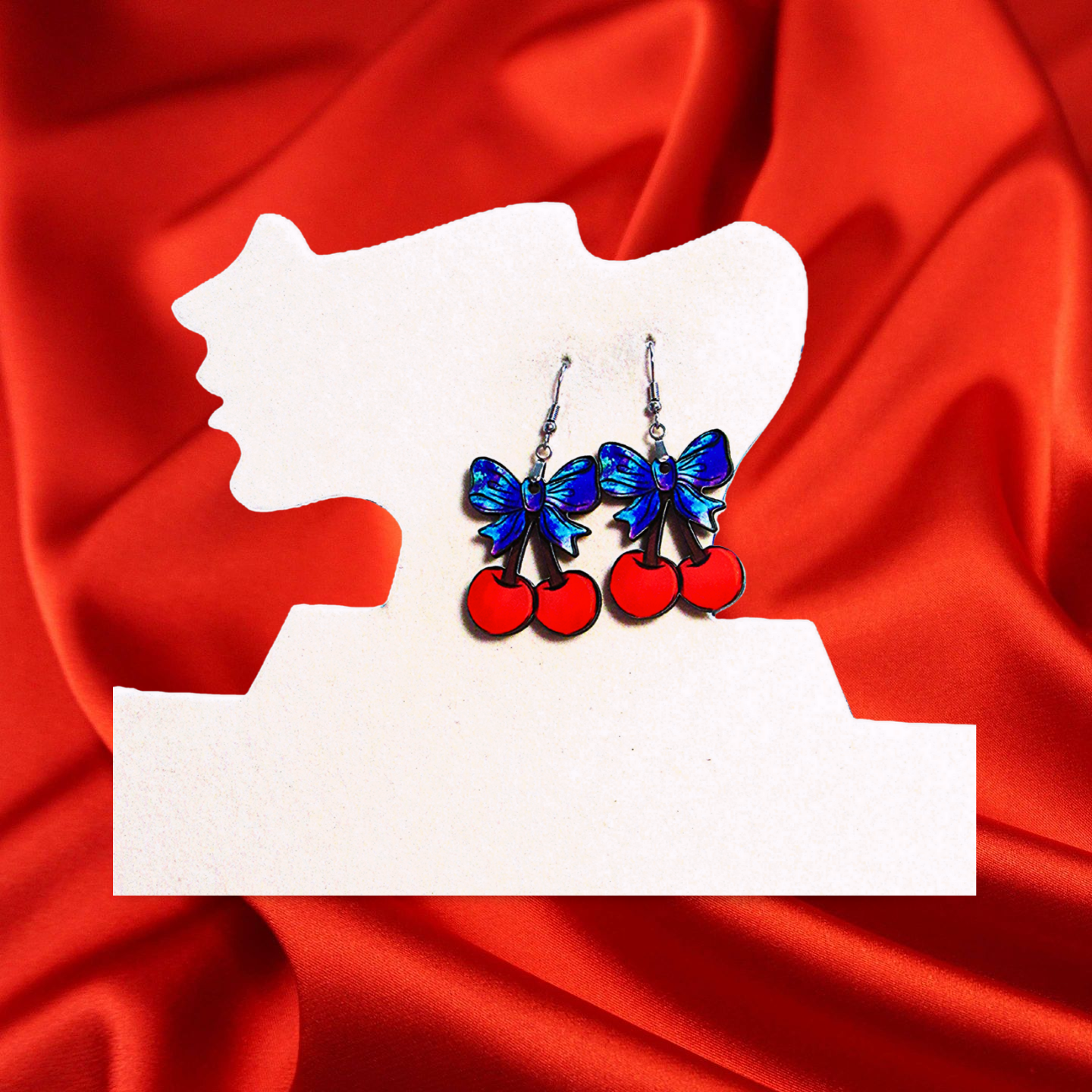 Cherries with Bow Shaped Sublimated Earrings 1.5 inch